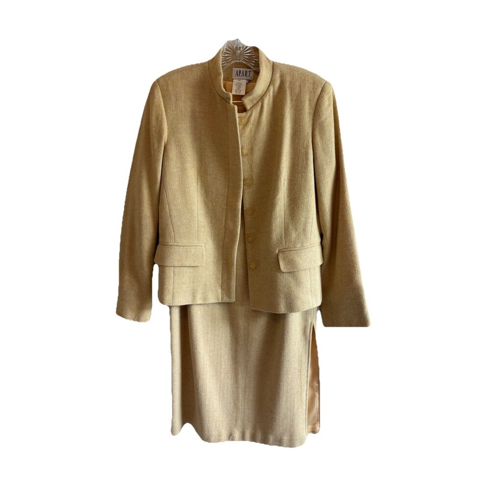 Vintage Yellow Herringbone Wool Skirt Suit Set Mandarin Collar 10 (modern 4/6)
